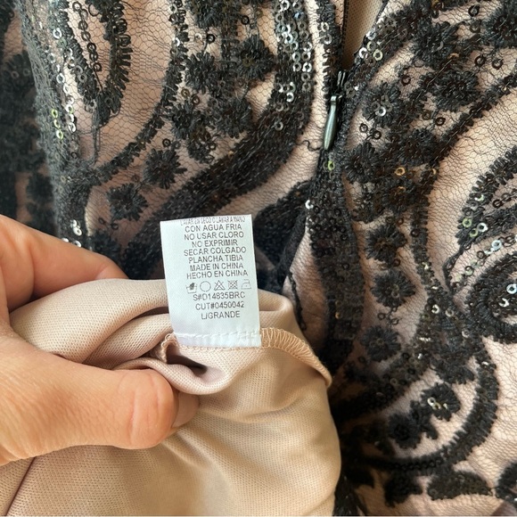 Mystic Los Angeles Nude Lined Black Sequin Lace Sheath Dress Size L - Picture 10 of 11
